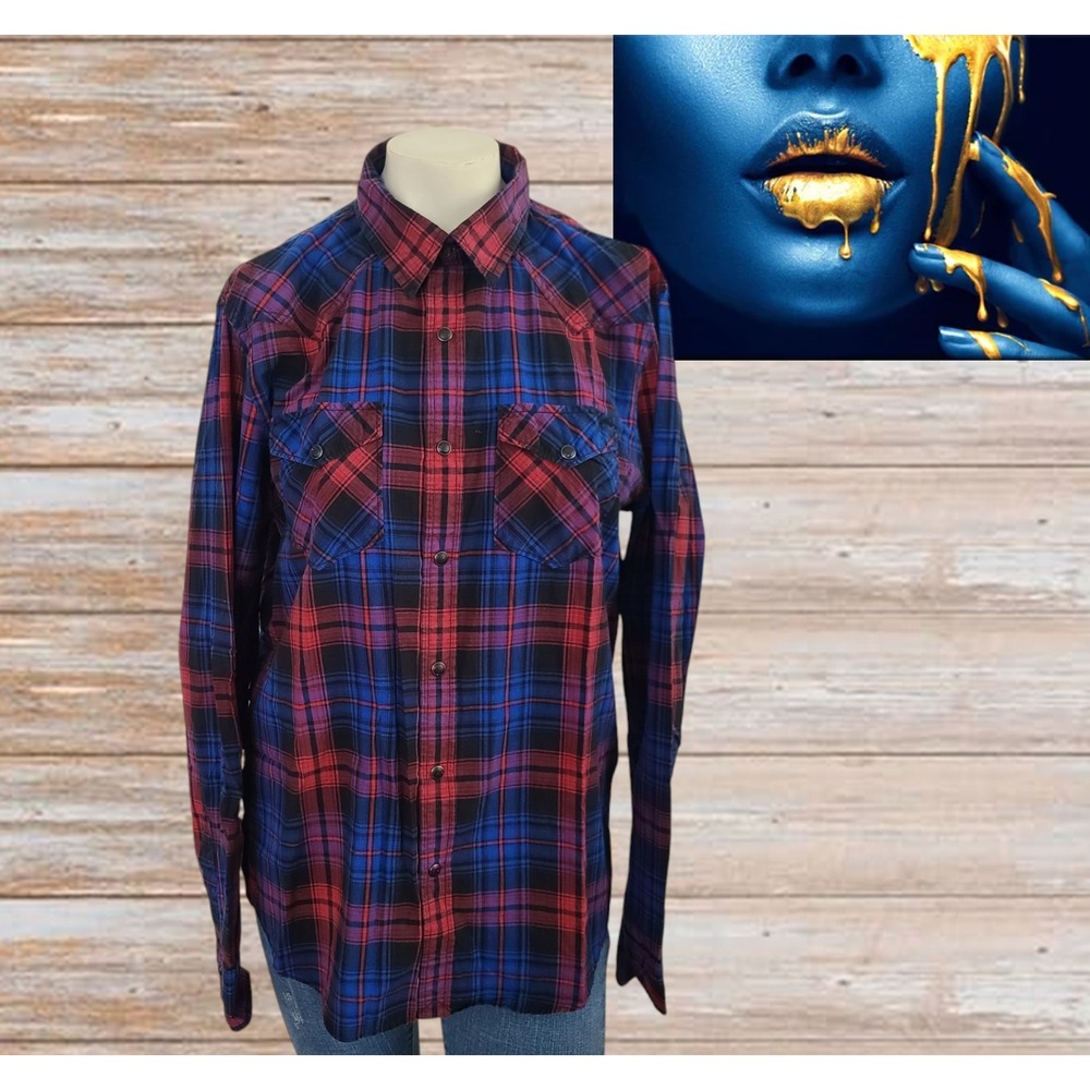 American Eagle Outfitters Shirt Mens M Vintage Fit Blue Plaid Pockets Snap Front
